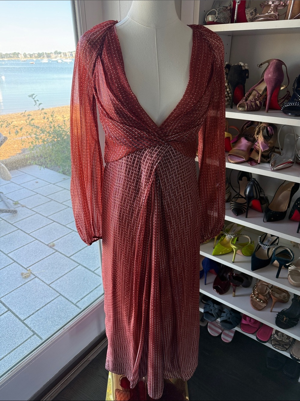 Diane Von Furstenburg Women's Rust Red Long-Sleeve V-Neck Evening Dress